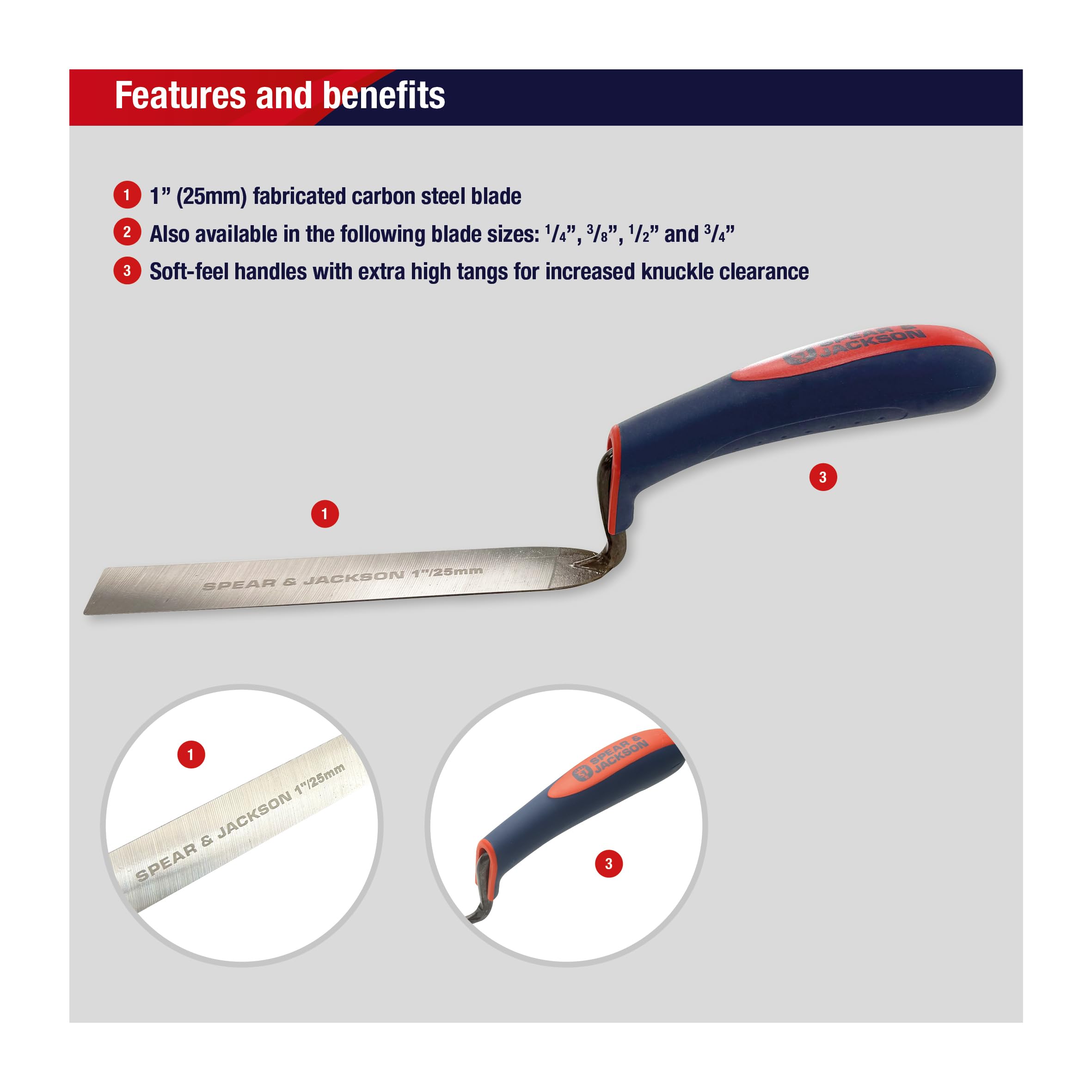 Spear & Jackson TUCK1SF Grout Trowel 1" (25 mm) - Carbon Steel Blade with Soft Handle for Mortar Joints, Repair and Restoration - 2