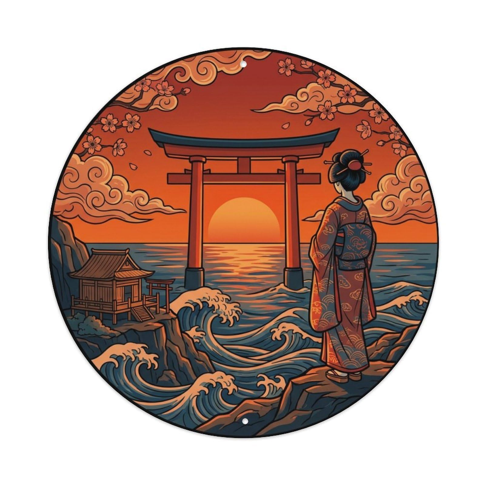 Metal Tin Sign Japanese Geisha Seaside Torii Gate Sunset Ocean Ukiyo-e