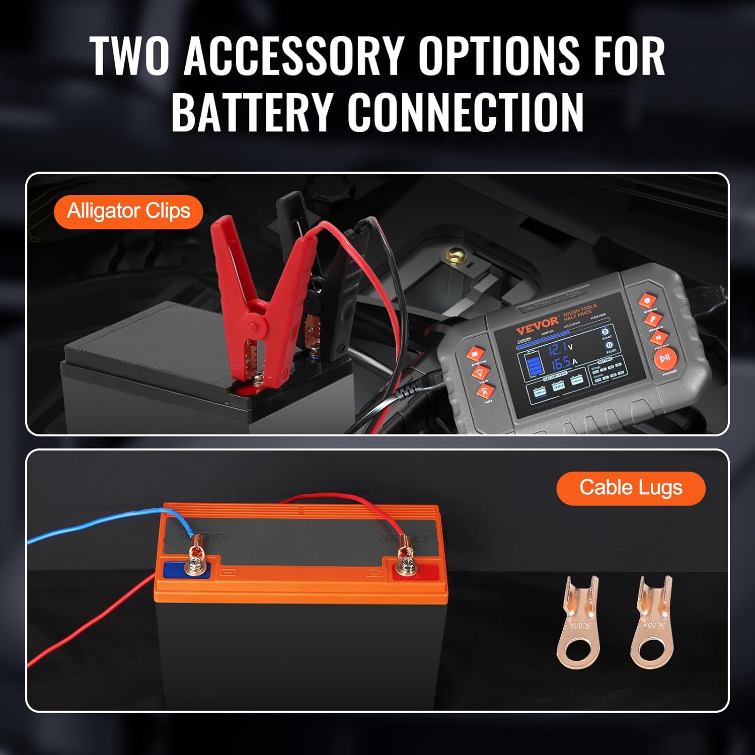 VEVOR Smart Battery Charger showing alligator clips and cable lugs