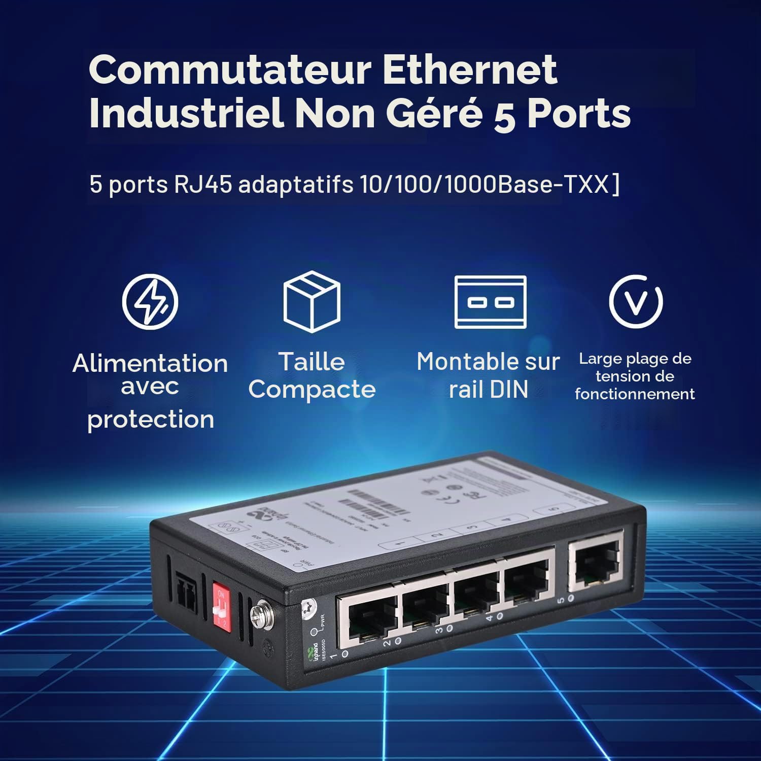 InHand Networks ISE5005D Switch Ethernet Industriel 5 Ports Gigabit, Commutateur Réseau Non Géré Rail DIN, Ultra-Fin 24mm, -40°C à +75°C, Certifié CE/UL (Bornier de Câblage Inclus)