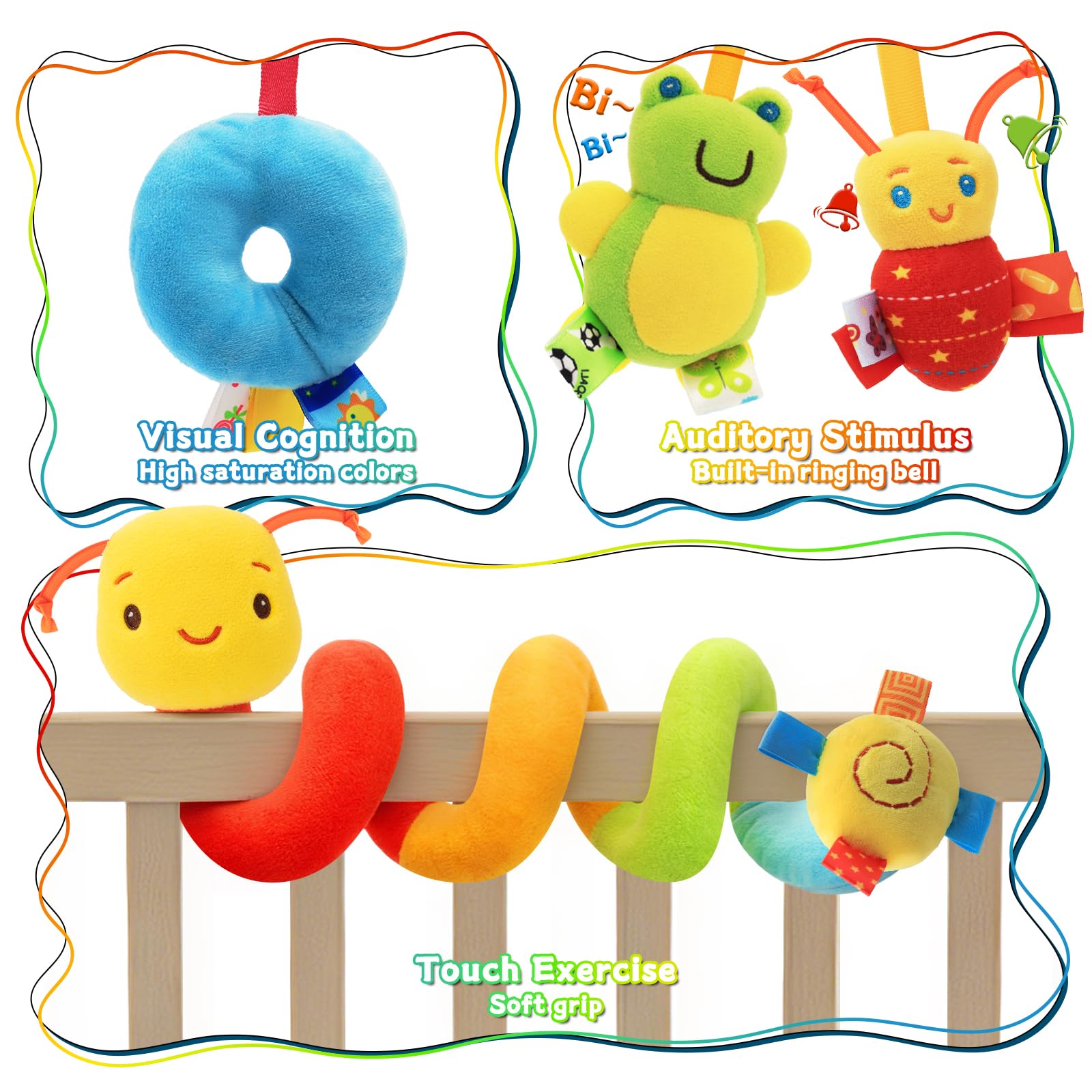 FPVERA Spiral Car Seat Toys - Baby Sensory Soft Plush Hanging Toys for 0-12 Months Stroller Crib Accessories, Essentials for Expecting Moms & Baby Shower Registry Gift - 3