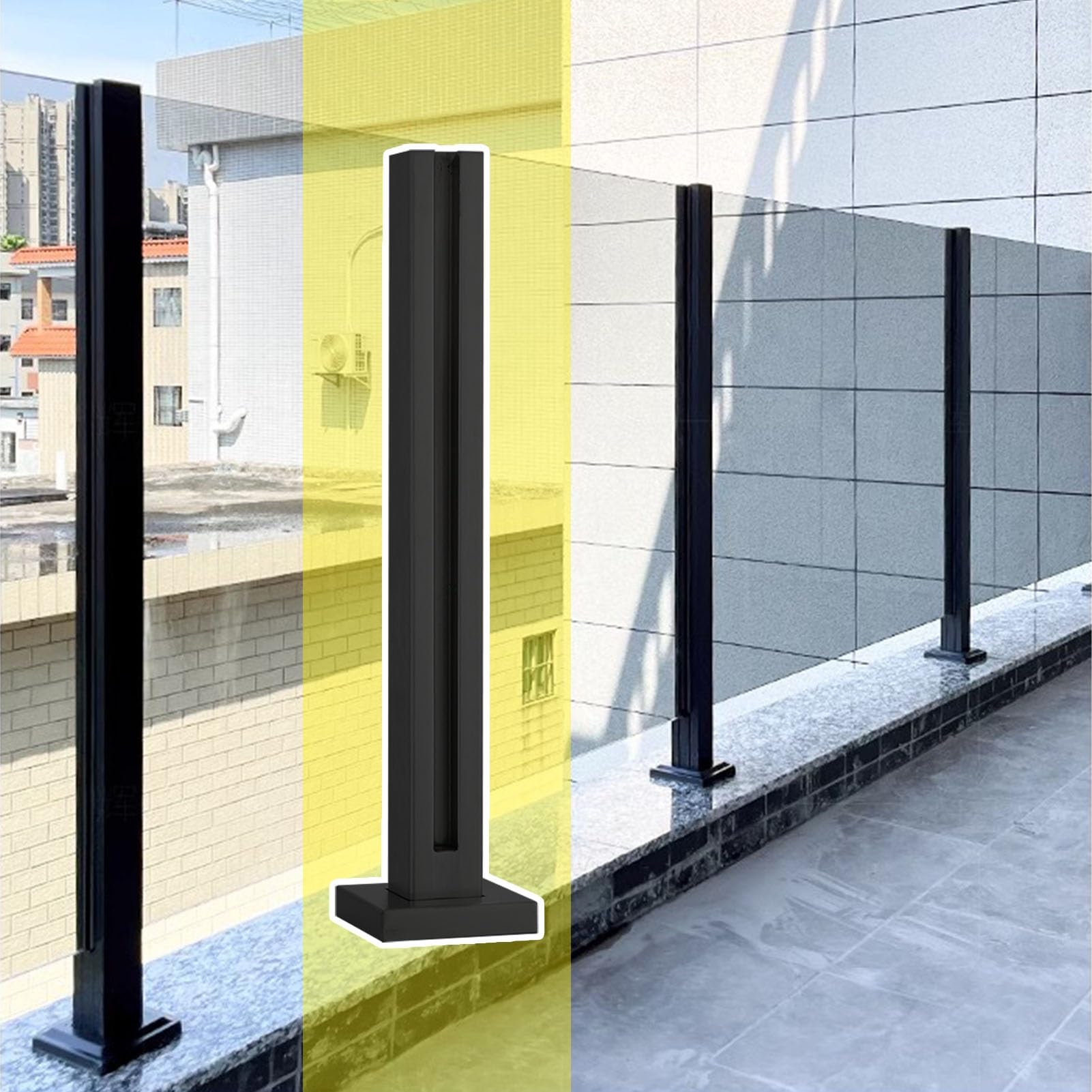 Aioneer Glass Railing Support Posts, Indoor & Outdoor Safety Balustrade System, Freestanding Metal & Glass Railing Stanchions - Perfect For Stairs & Balconies-Black End Post-H110cm/43.3