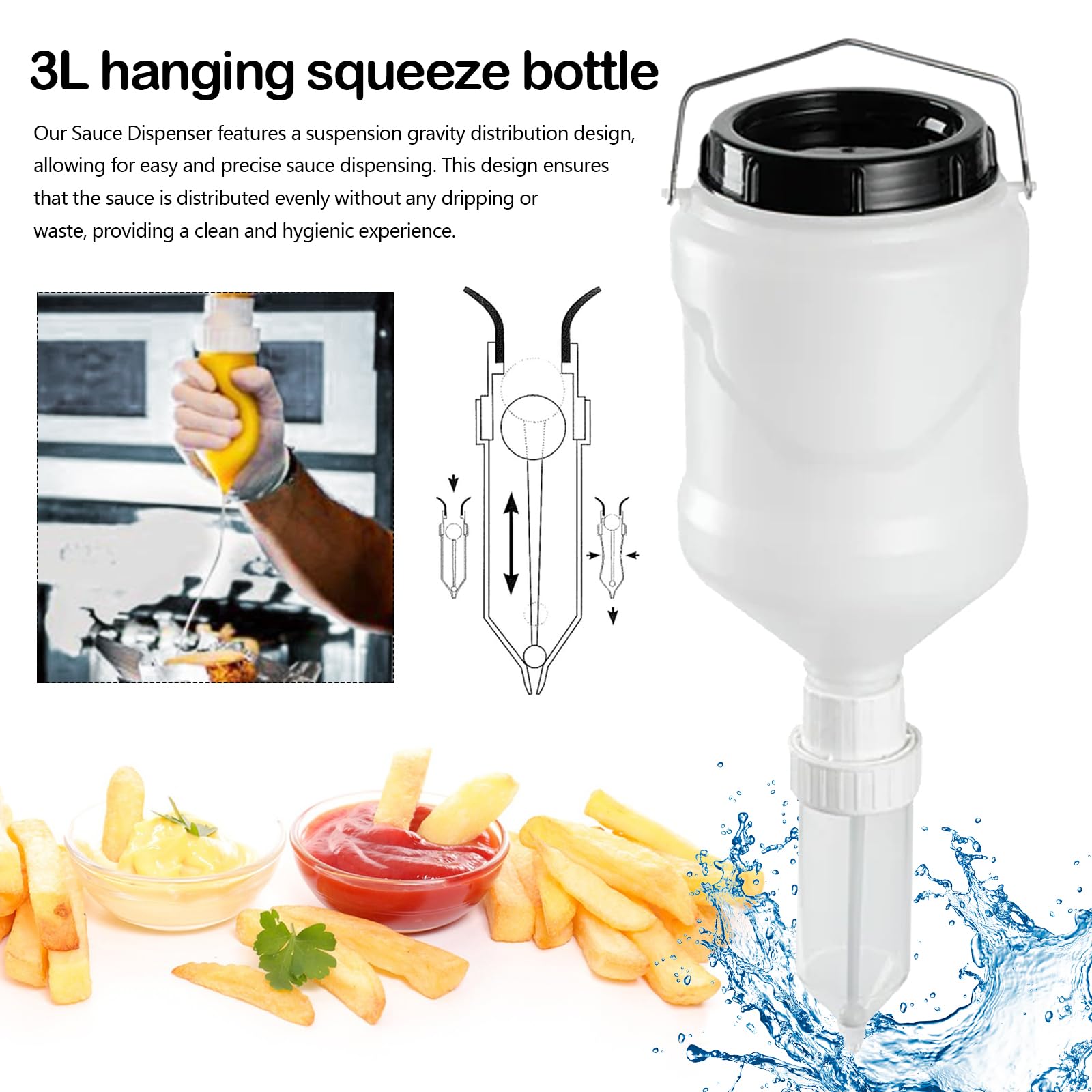 Bottiglia Squeeze per Salse da Appendere, Dispenser per Salse da 3 Litri, Bottiglia Squeeze Ricaricabile Dispenser per Ketchup - a Prova di Perdite per Spezie, Senape, Mayo, Salse piccanti