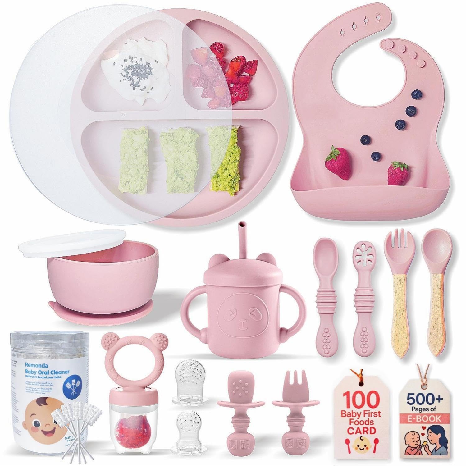 BPA-Free Silicone Baby Feeding Set | Extra Large Suction Plates, Toddler Bowls, Self Feeding Utensils, and More | Dishwasher Safe| Baby Led Weaning Supplies (Pink)