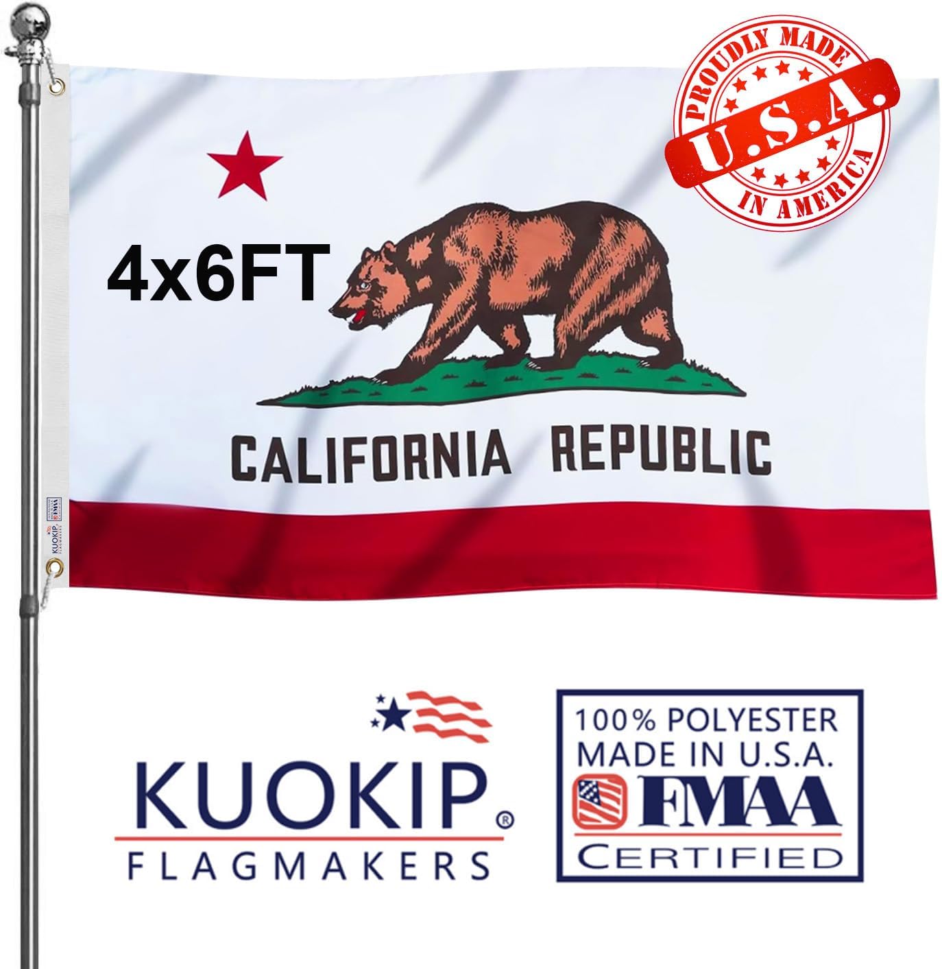 Double Sided Embroidery Californian State Flag 2x3 Outdoor Made In USA- Heavy Duty 340D Great Nylon Californian CA Flags Banners with 2 Brass Grommets