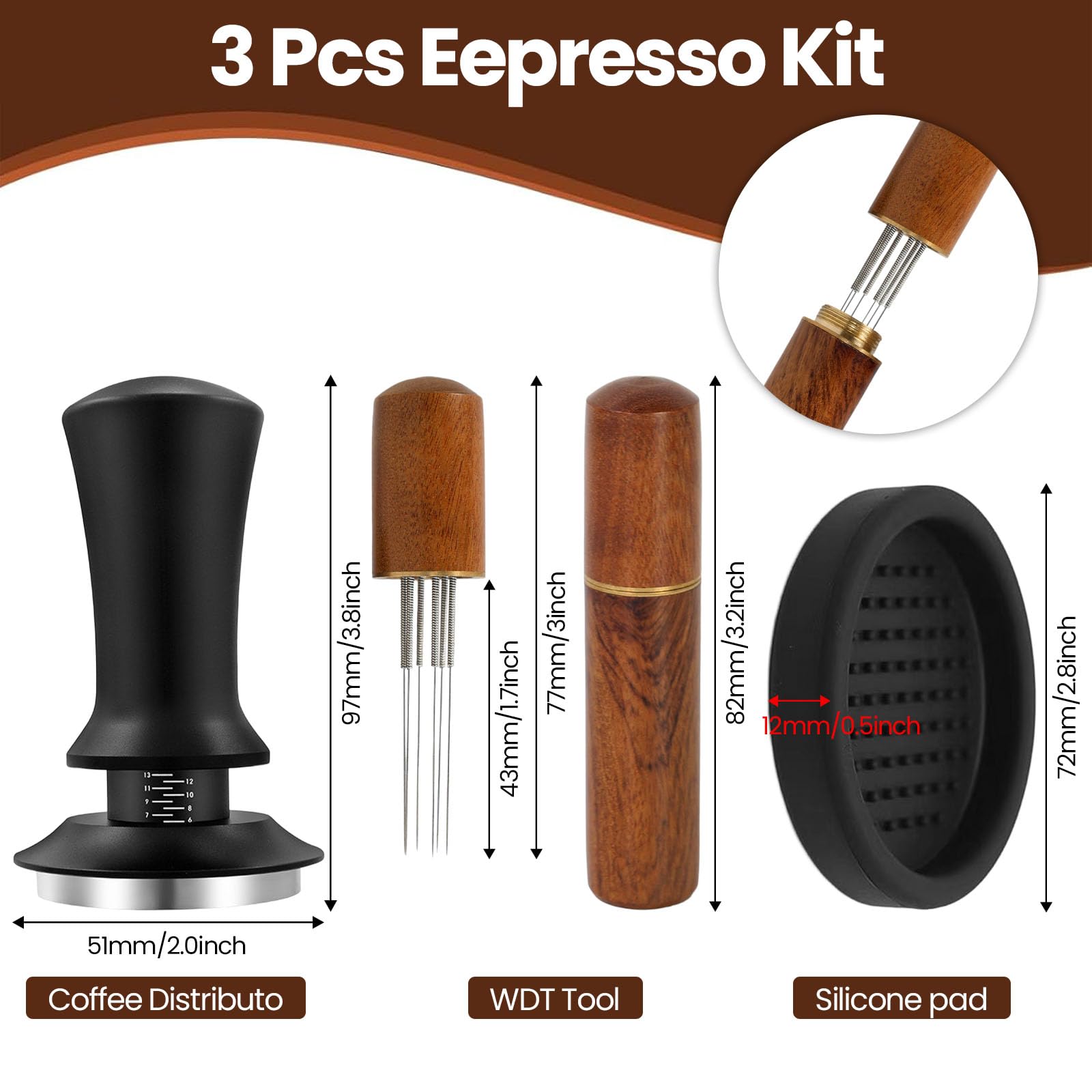 Tamper per Caffè 51 mm con Tappetino e Wdt Tool, Pressino per Caffè Espresso a Molla Pressino per Caffè con Scala Graduata Pressa Caffè Professionale Pressino per Caffe in 304 Acciaio Inox