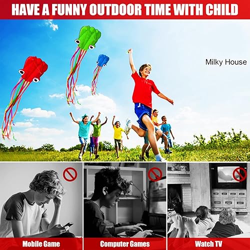 Miniatura 4 de Paquete de 3 cometas de pulpo, cometa 3D de cola larga fácil de volar, cometas de playa para personas y adultos, regalo de 3 colores (azul verde