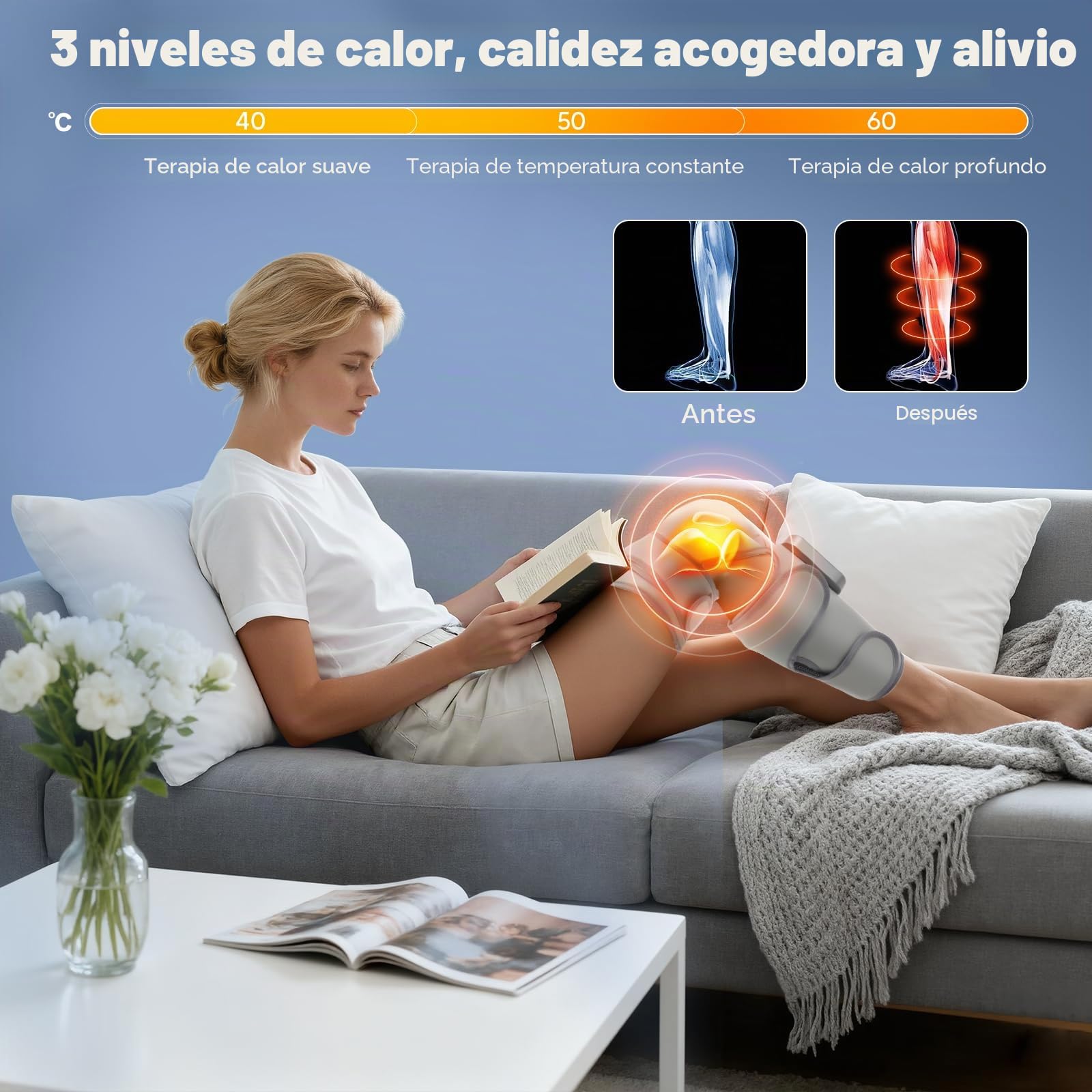 2 in1 masajeador piernas，Correas ajustables de 360°, 3 modos de masaje y 3 niveles de calor，presoterapia en casa Cobertura completa de rodillas y pantorrillas presoterapia piernas para casa