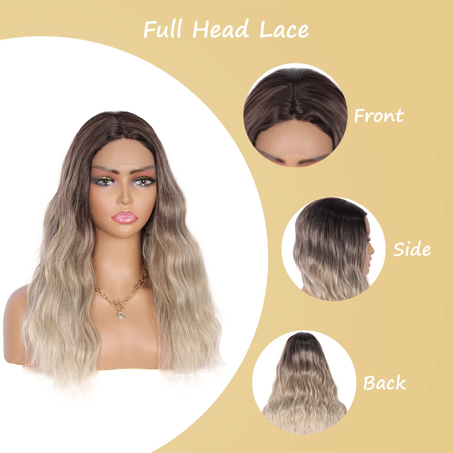 Youthfee Medium Long Curly Wavy Wig Lace Front Wigs for Women Middle Part Heat Resistant Synthetic Hair Lace Wigs (Ombre Brown to Light Blonde)