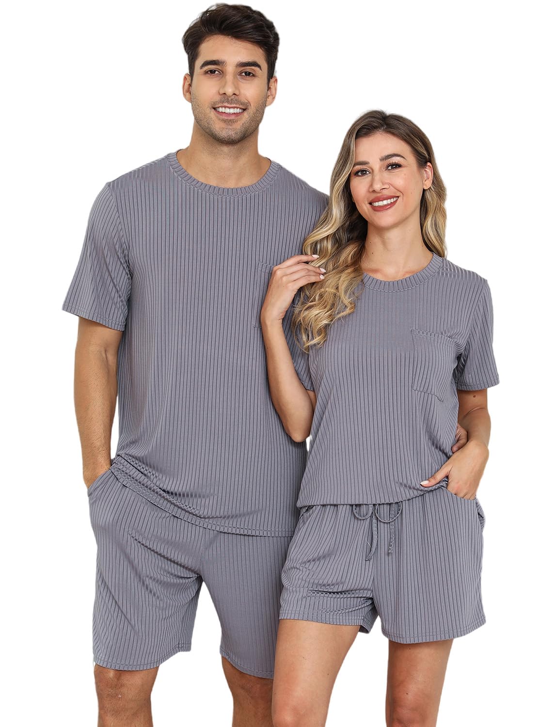 EISHOPEER Matching Pajamas for Couples 2 Piece Lounge Set Ribbed Knit Pajama Matching Tops and Shorts Soft Sleepwear S-XXL