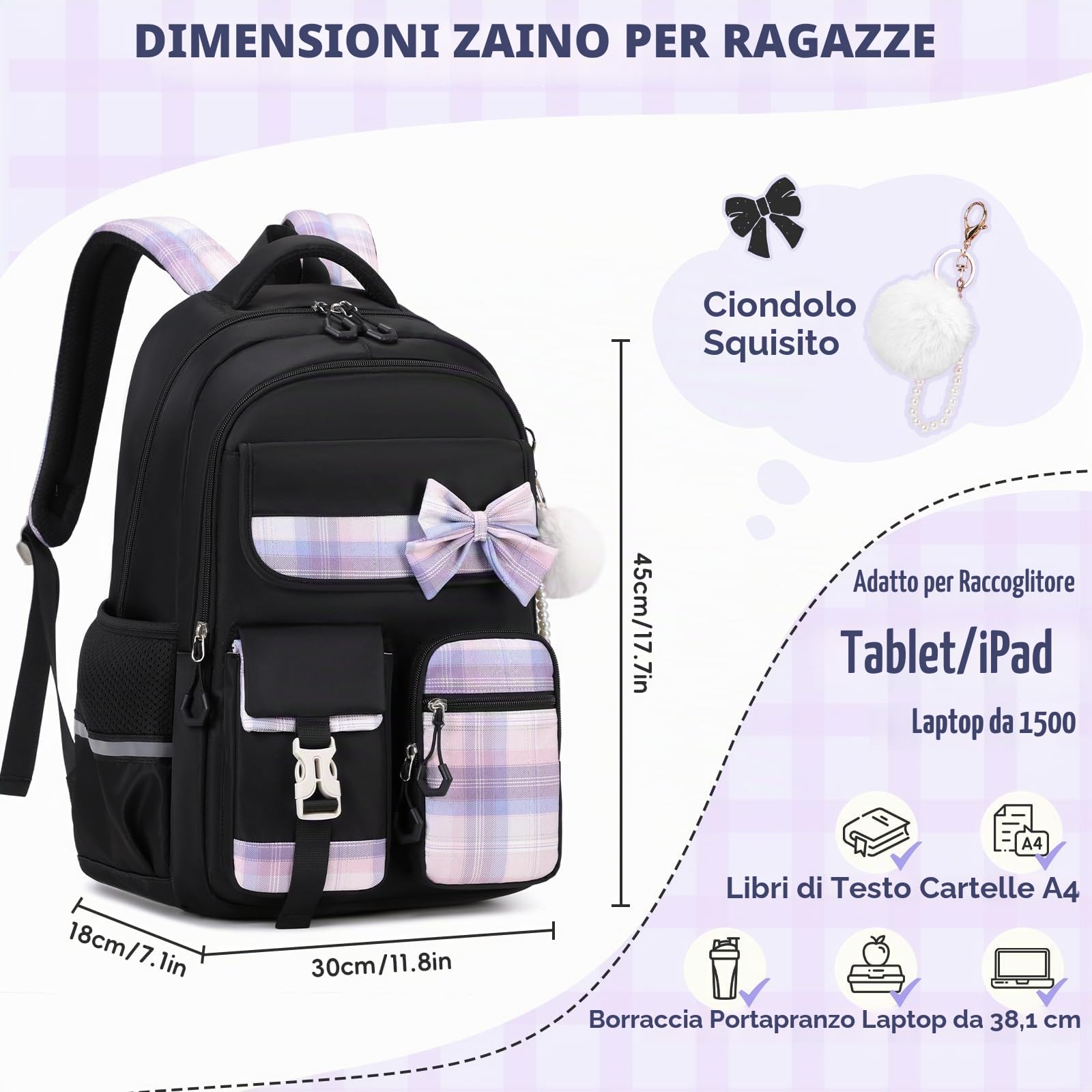 Tanou Zaino per Ragazze Zaino Bambina Scuola Elementare e Media | Impermeabile Zaini da Viaggio Borsa Casual per Adolescenti con Cinghia per Trolley, Nero