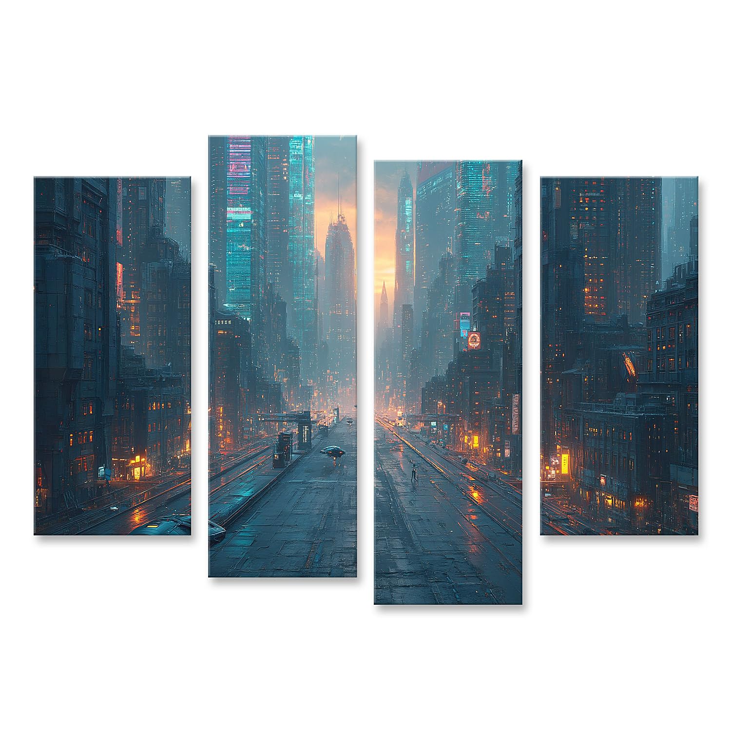 islandburner Quadro su tela Futuristico Cyberpunk Città Murale Soggiorno per gli appassionati di fantascienza - 4 pezzi