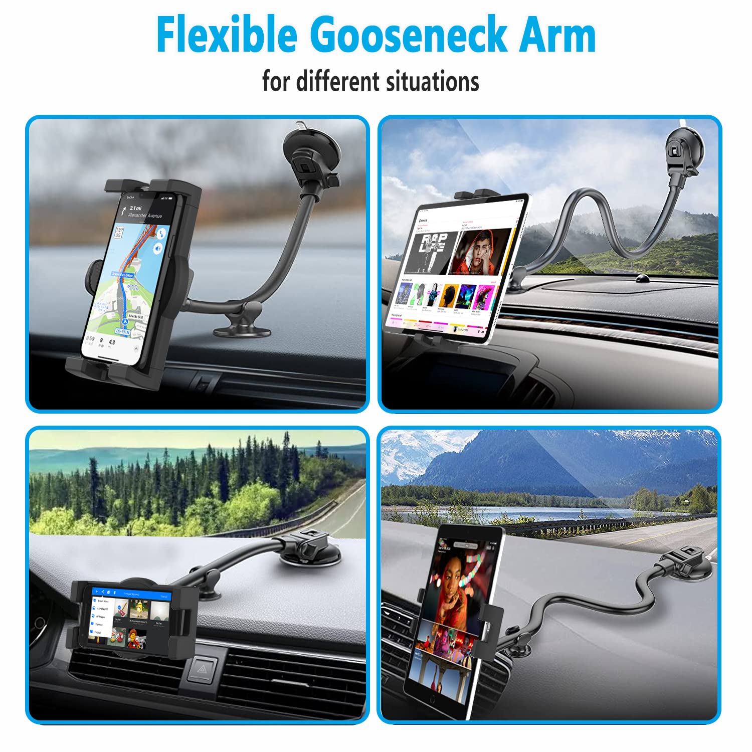 Supporto Tablet Auto Flessibile Braccio Lungo 34cm, Porta Tablet Cruscotto Parabrezza a Collo Oca, Staffa Ventosa per iPad Pro Air Mini Galaxy Lenovo Fire Cellulare 4-12,9"