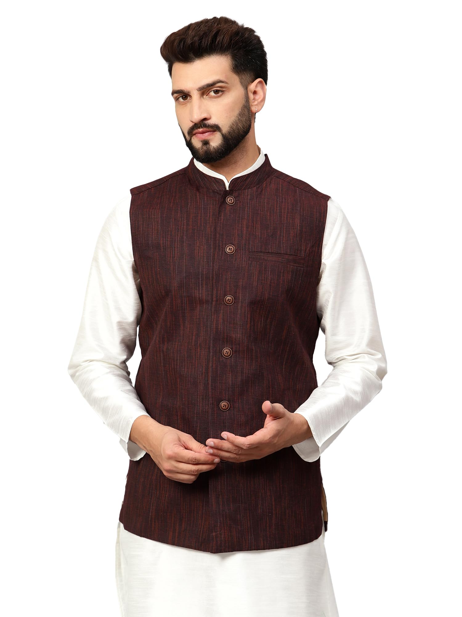 Men's Textured Nehru Jacket (J-DBLNG-M_44_Red, Maroon_2XL)