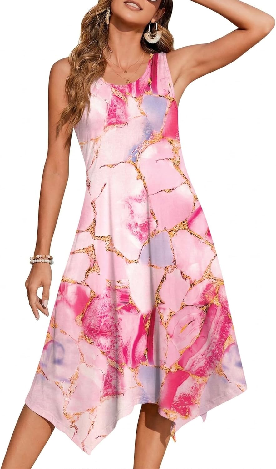 Zeagoo Sommerkleid Damen Ärmellos Rundhals Kleider Blumen Kleid A-Linie Strandkleid Leicht Midikleid Freizeitkleid mit Taschen