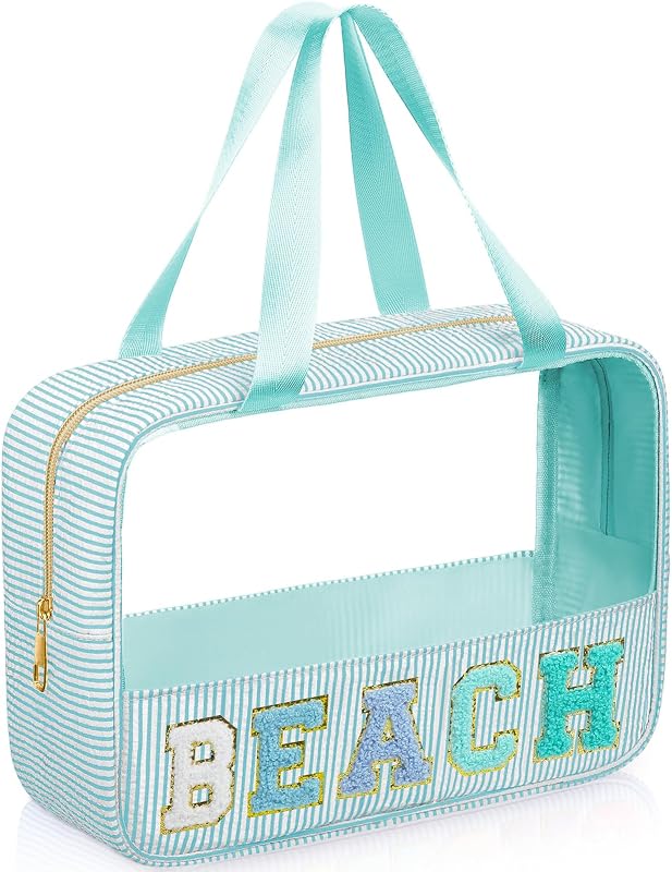 Necessaire de maquiagem transparente Sanwuta em tecido seersucker, Lake Blue, com alça e zíper
