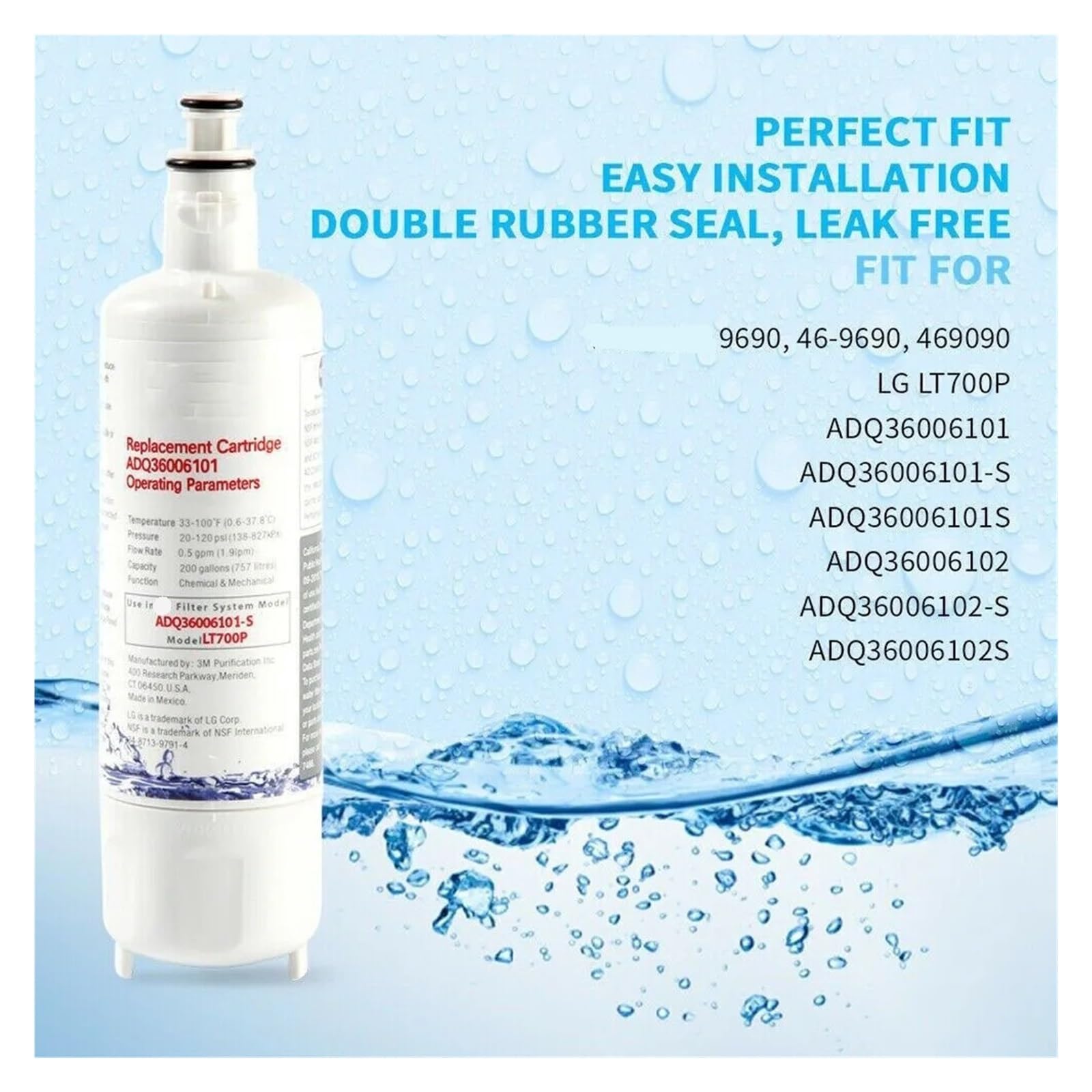 Reemplace El Filtro De Agua Del Refrigerador, Compatible Con LG, LT700P ADQ36006101, ADQ36006102, ADQ75795103, RWF1200A, Compatible Con Kenmore, 9690, AGF80300801(3 packs)