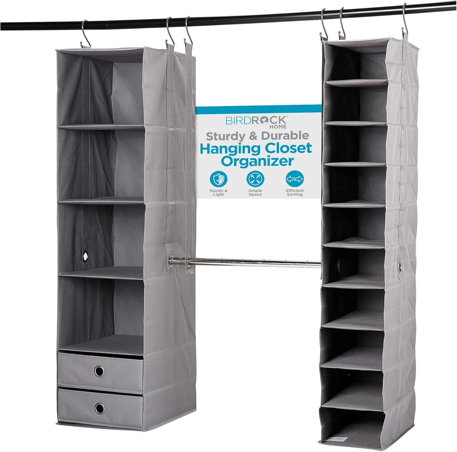 BIRDROCK HOME 5pc Hanging Closet Organizer System with Storage Shelves - Grey - Shoe Clothing Organization - Great for College Dorms or Kid Bedrooms Nursery