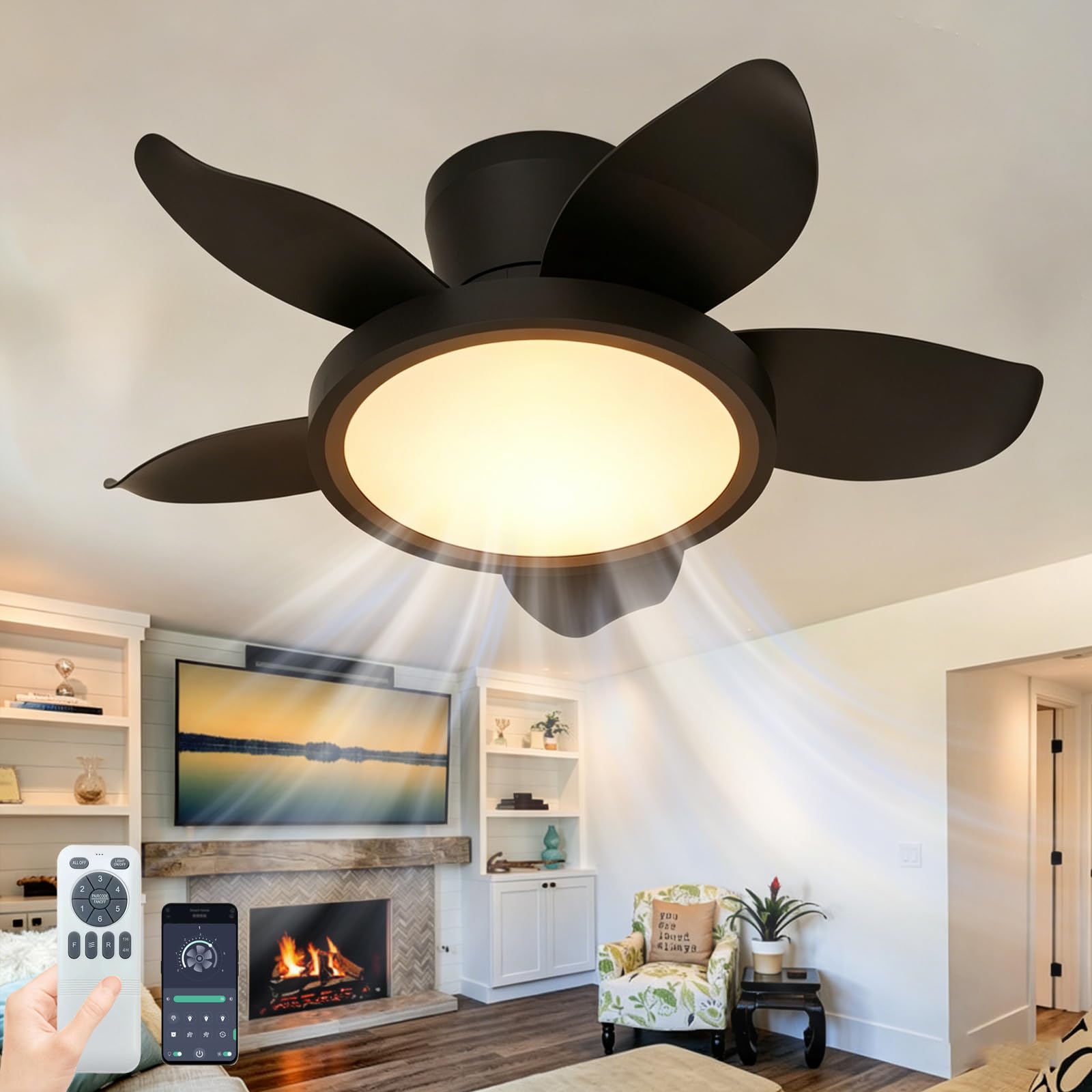 ZOMLBOF ZOMLBOFBedroom Quiet Ceiling Fan with Light, 65 CM,5 Blades, 6-Speed Reversible Fan Light with Timer, App Remote,Dimmable LED Light Fan with Memory Function,for Lounges and Living Rooms Black