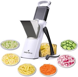 ONCE FOR ALL Safe Mandoline Slicer Plus: Adjustable Vegetable Chopper, Potato Fries Cutter, Large Capacity, Detachable Blade - Black