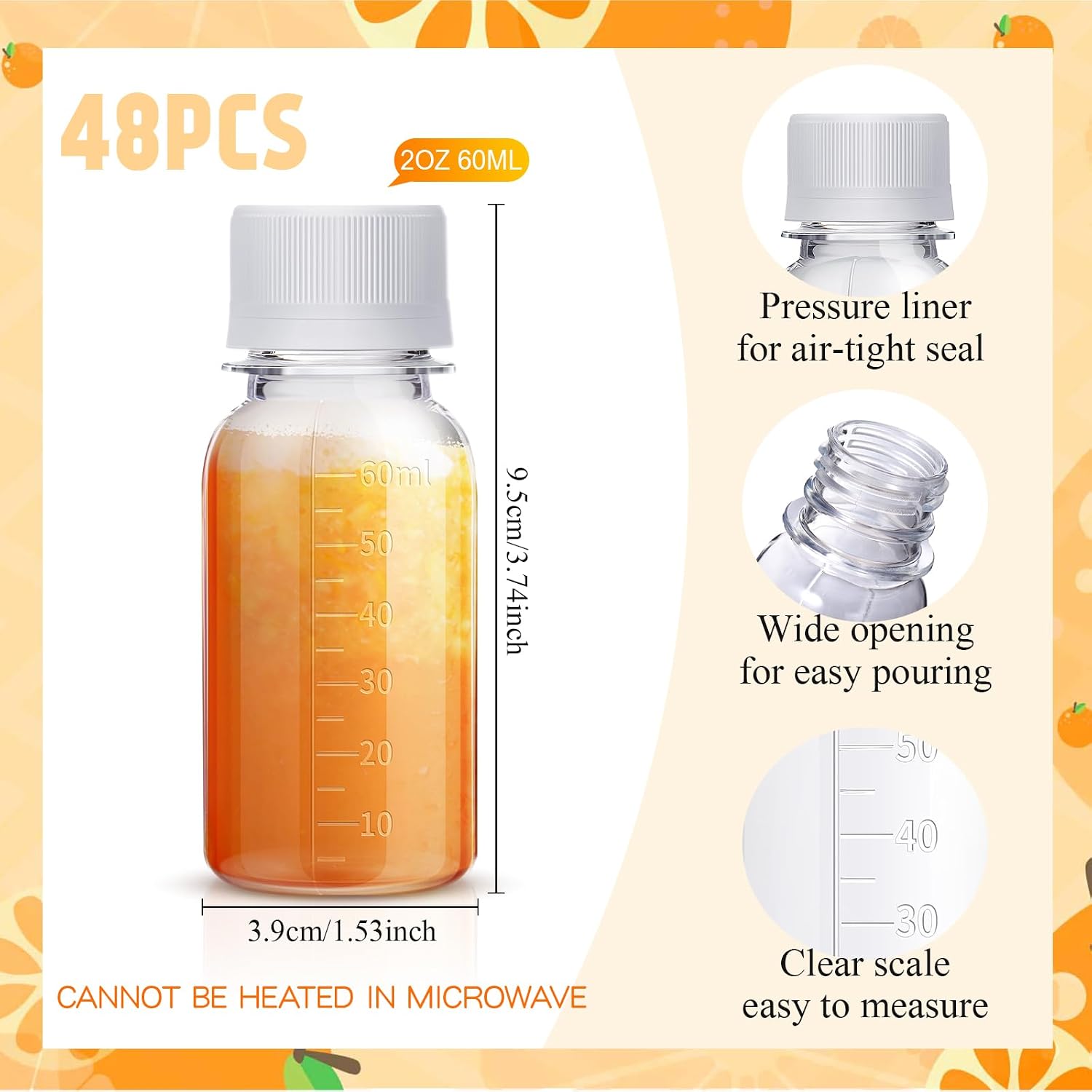 Tanlade 48 Pcs Small Plastic Shot Bottles with Caps Containers with Lids Reusable Clear Ginger Shot Jars with Scale for Liquids Smoothies Juice Drink Milk Beer Coffee (2 oz)