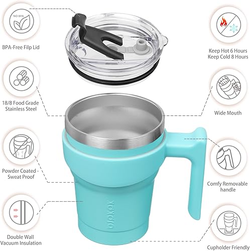 Miniatura 2 de BJPKPK Vaso con asa, vaso de acero inoxidable de 10 onzas con tapa y pajita, tazas de café aisladas, turquesa