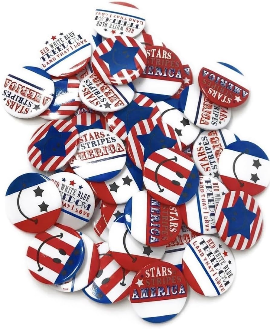 Funiverse 100 Pack 2” Patriotic Buttons Bulk - Red White Blue 4th of July Party Favors, Parade Pins & Giveaways
