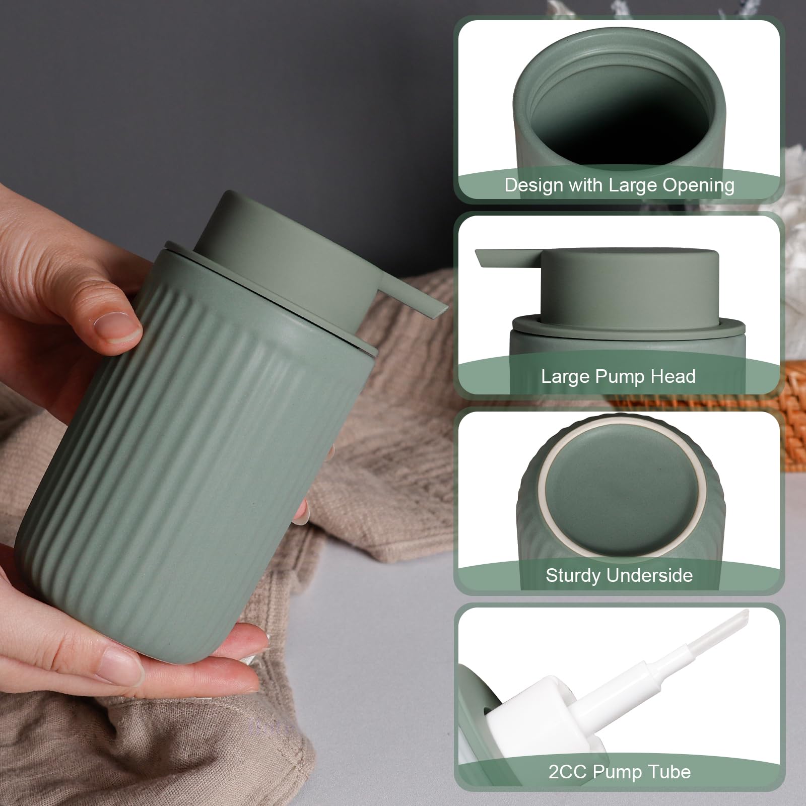 INGOFIN Dispensador de jabón espumoso de cerámica, dispensador de jabón de manos de espuma verde mate de 12 onzas, dispensador de jabón de cerámica moderno con bomba para cocina