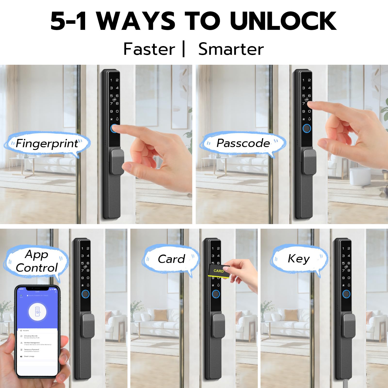 Eseesmart Cerradura de puerta corredera, cerradura de puerta inteligente con teclado RFID de huellas dactilares, control de aplicación Bluetooth, código digital biométrico electrónico, puerta de patio