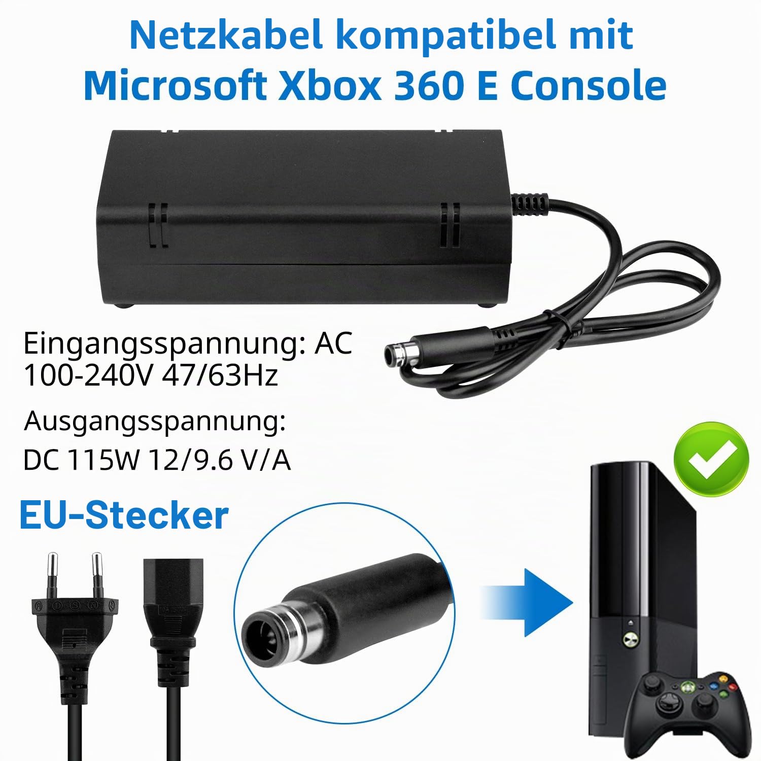 OSTENT EU-AC Adapter, Ladegerät, Stromversorgung, Netzteil, kompatibel für Microsoft Xbox 360 E Konsole