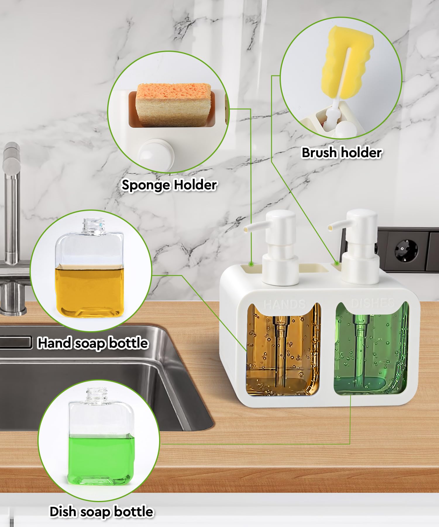 Set di erogatore di sapone per mani e detersivo per piatti, doppio erogatore con porta spugna e spazzola, erogatore di sapone 4 in 1 da appoggio per lavello della cucina, utili gadget da cucina