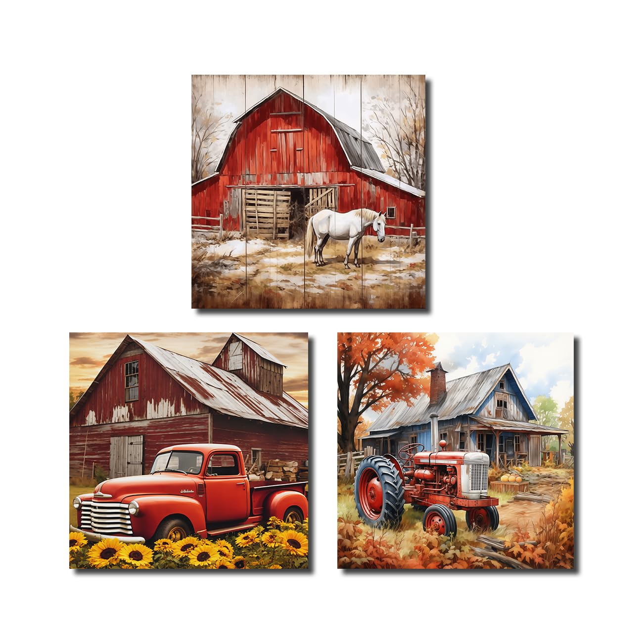 LZIMU Barn Picture Farmhouse Canvas Wall Art 3 Piece Farm Old Barn Horse and Truck Painting Prints Vintage Landscape Artwork Rustic Country Decor (