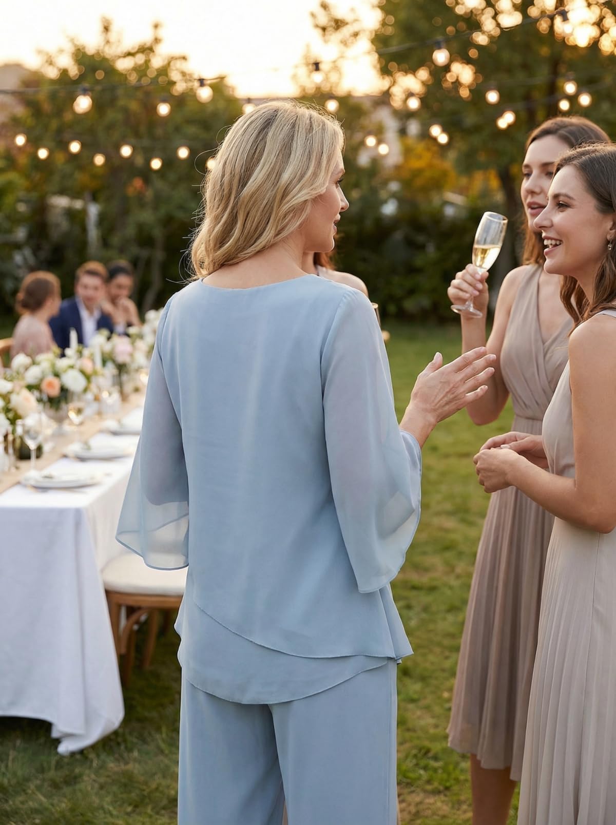 Hosenanzug Damen Festlich Hochzeit Elegant Chiffon 2 Teiler Spitze Brautmutter Hosenanzüge Rüschen 3/4 Ärmel Formelle Abend Hosen Set