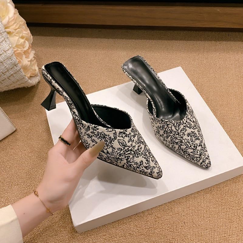 Pointed Sandals Women's Retro Floral Fabric Wrapped Toe Slippers Thin Heeled Shoes Worn on the Outside3
