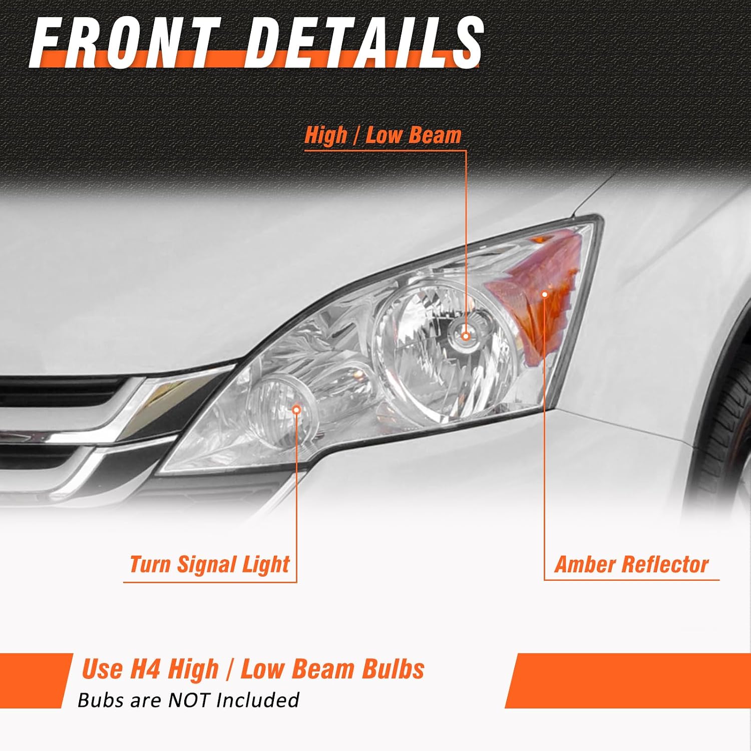 Headlight Assembly for Honda CR-V 2007 2008 2009 2010 2011 Headlamp With Chrome Housing Amber Reflector (Driver & Passenger Side)