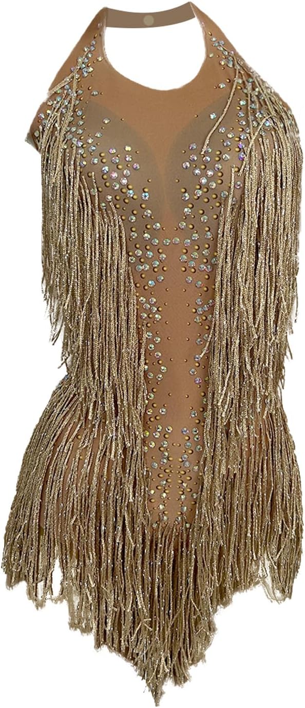 Women Rhinestones Fringes Leotard for Latin Dance Nightclub Party Costume Stage Wear Performance Tassel Bodysuit