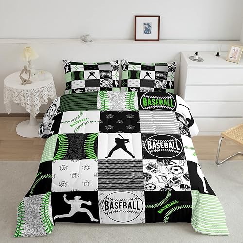 Juego de ropa de cama de béisbol para niños, tamaño matrimonial, juego de edredón para niños de sóftbol para todas las estaciones, ultra cálido,