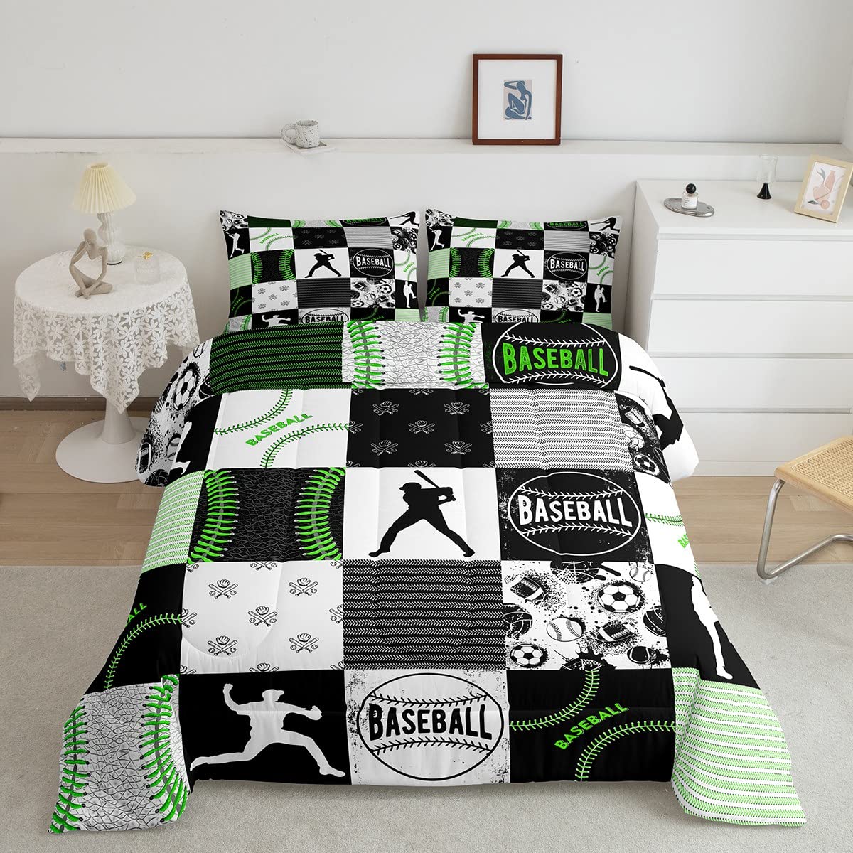 Boys Baseball Bedding Set Full,Kids Softball All Season Comforter Set Ultra Warm Sports Game Soccer Volleyball Quilted Comforter for Youth Geometric