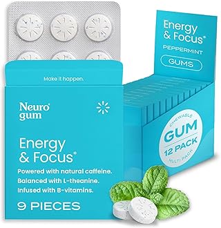 Neuro Gum | Nootropic Energy Caffeine Gum | 40mg Caffeine + 60mg L-theanine + B Vitamins for Energy and Focus | Sugar Free + Vegan + Keto | Caffeine Supplement for Adults Mint Flavor (108 Count)