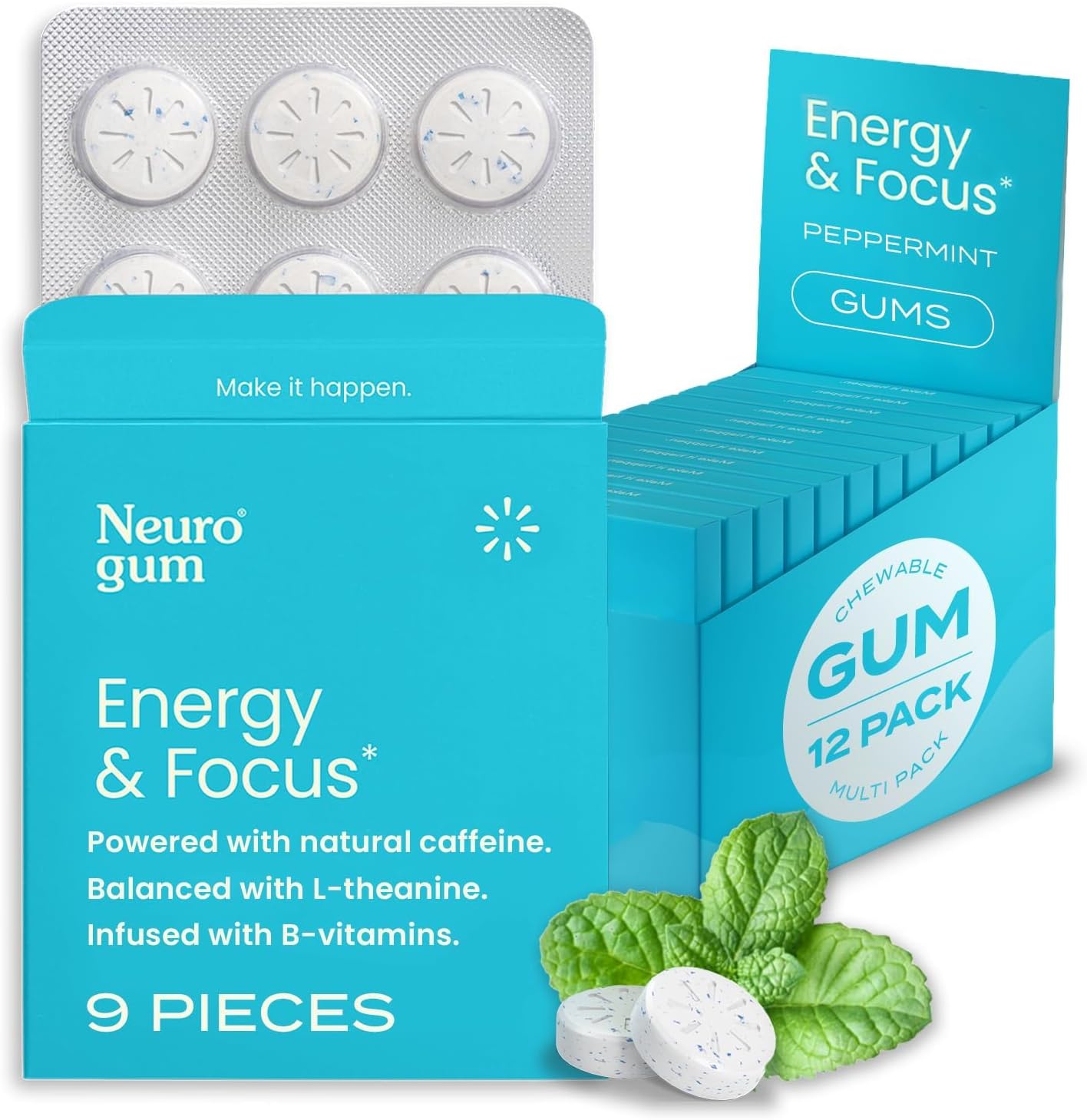 Neuro Gum | Nootropic Energy Caffeine Gum | 40mg Caffeine + 60mg L-theanine + B Vitamins for Energy and Focus | Sugar Free + Vegan + Keto | Caffeine Supplement for Adults Mint Flavor (108 Count)