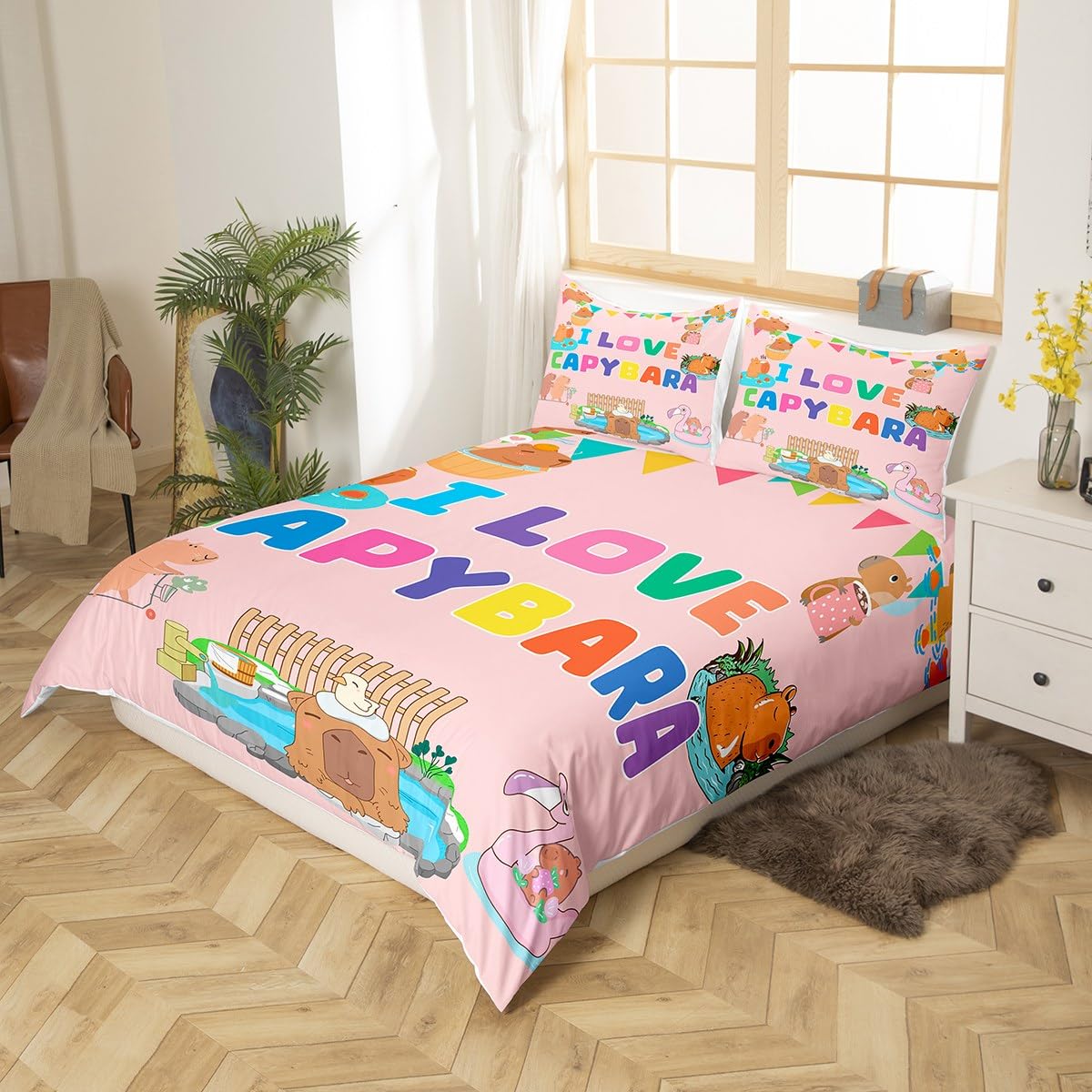 Juego de ropa de cama Capybara para niños y niñas, funda de edredón con diseño de animales de dibujos animados, decoración de habitación rosa, divertida funda de cama de 3 piezas