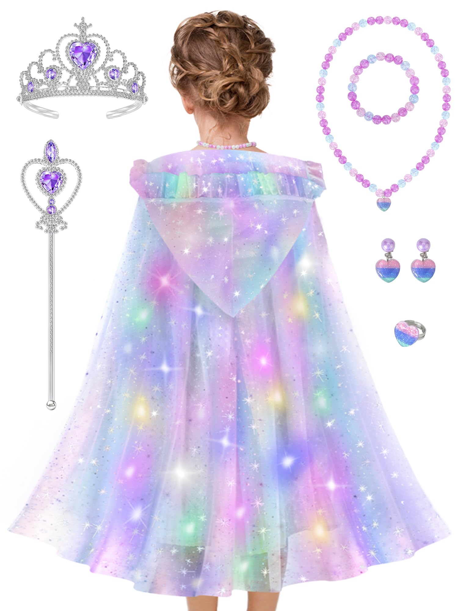 VENSEEN Princess Dress Up Cloth for Girl 3-8 Years, Kids Light Up Cape with Toy Wand, Toddler Costume Dressup Gift