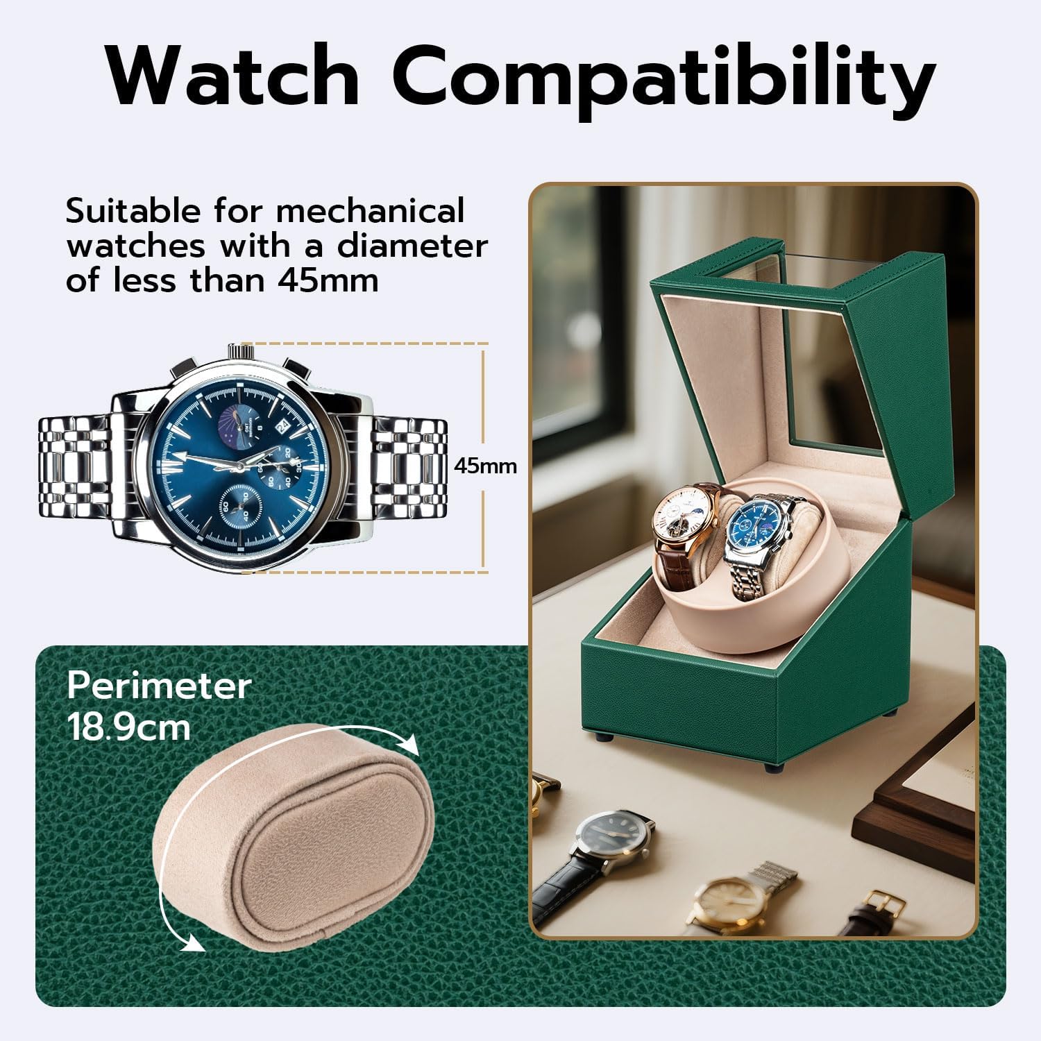 Mcbazel Watch Winder for Automatic Watches, Double Automatic Watch Winder Box, Automatic Watch Display Storage Rotation Wristwatch Box with 2 Slots (Green PU Leather)