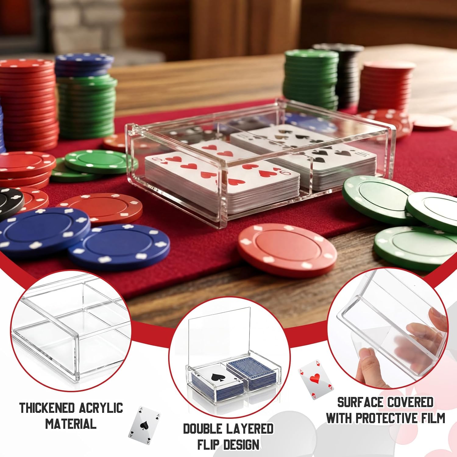 Yinkin 2 Pcs Acrylic Double Playing Card Deck Case Transparent Storage Playing Card Holder for Poker Bridge Game Cards