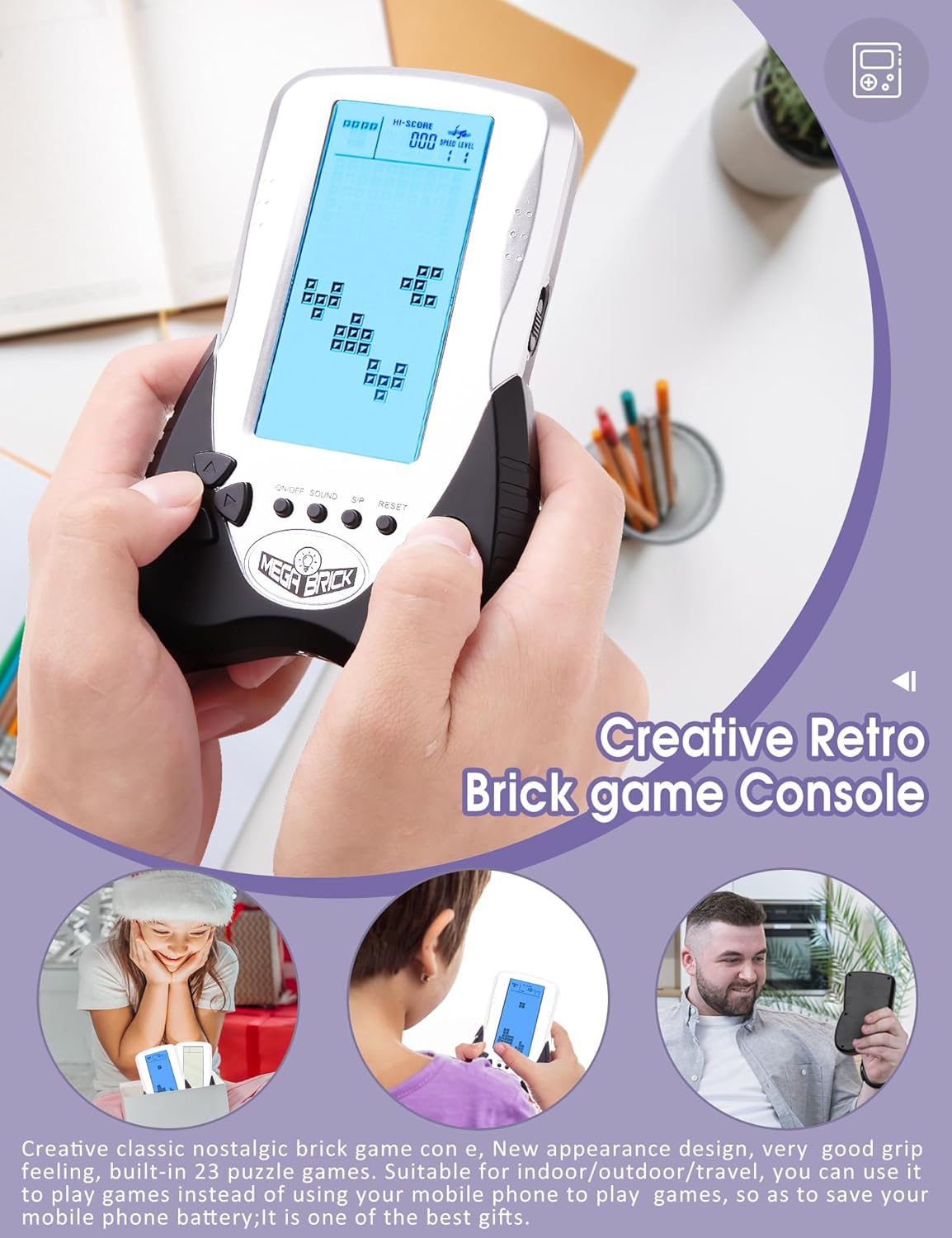 HLF New Retro Block Brick Game Console Large Screen Blue Backlight Brightness can be Adjusted Build in 23 Game Compatible with Lithium Battery/AAA Batteries can Plug in Headphone (Black)