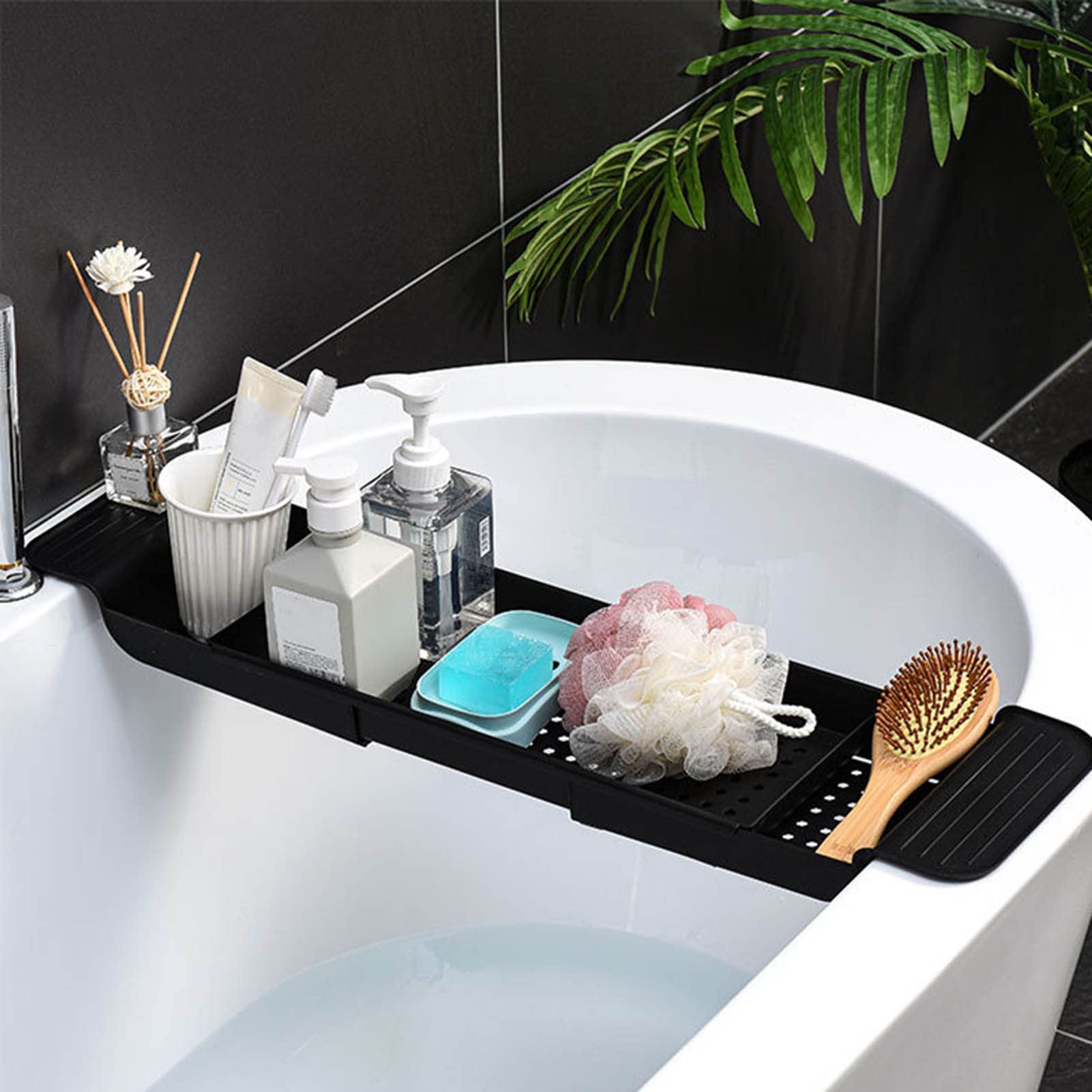 Vassoio per Vasca in Plastica, Design Drenante Retrattile Indossabile e Durevole Porta Vasca da Bagno Piccolo e Compatto Traspirante per Gel Doccia, Asciugamani, Bicchieri, Fiori da Bagno(Nero)