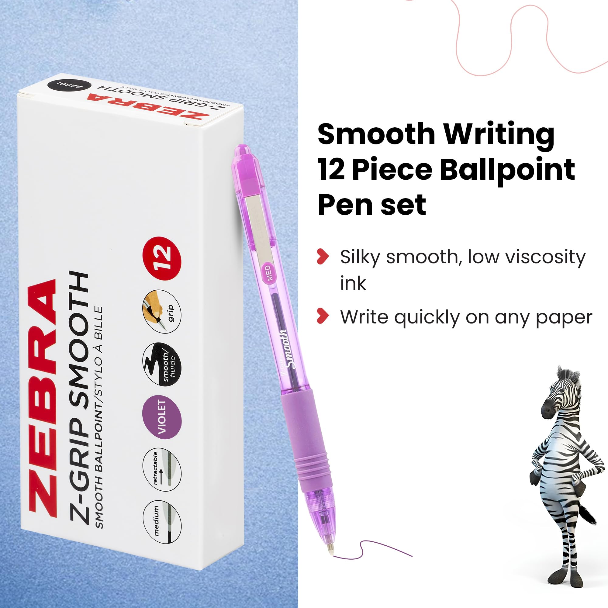 Zebra Pen Z-Grip Smooth Retractable Ballpoint Pen, Medium Point, 1.0mm, Violet Ink, 12-Pack, 1 count (Pack of 12) - Image 3