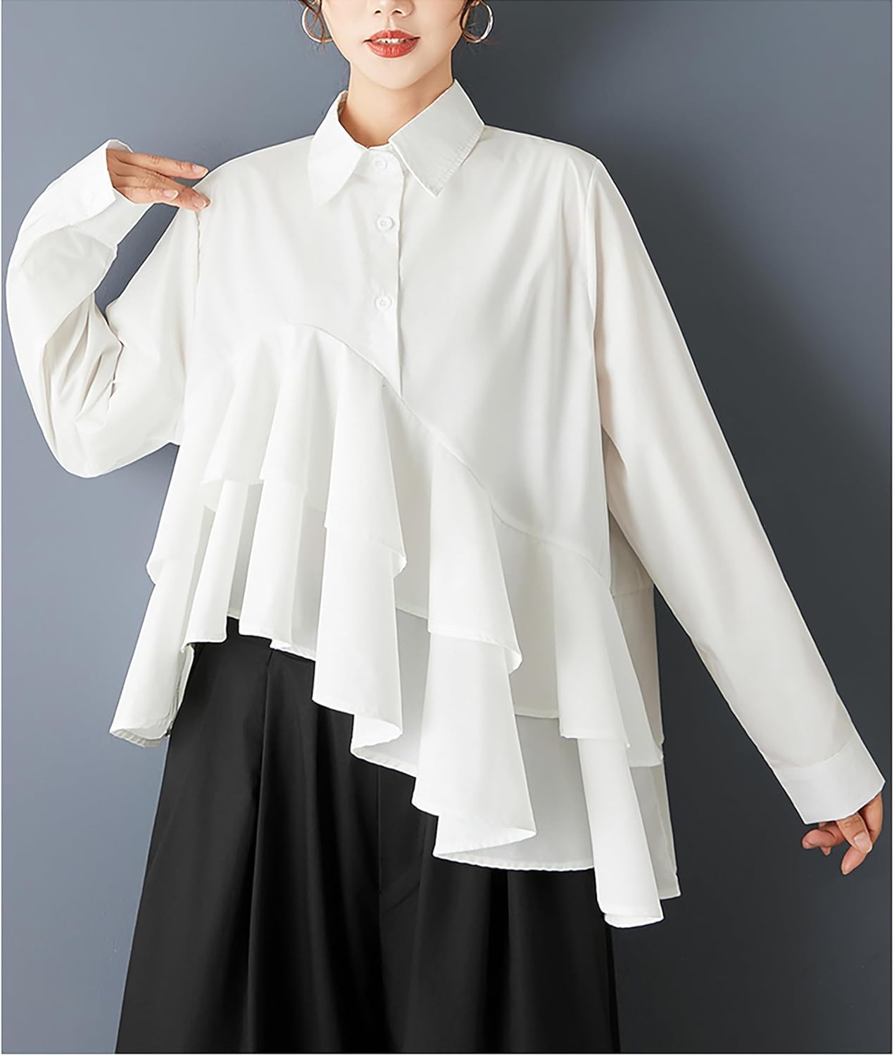 ellazhu Women's Oversized Asymmetrical Ruffle Shirt Lapel Collar Long Sleeve Loose Fit Black Blouse Casual GZ801 A