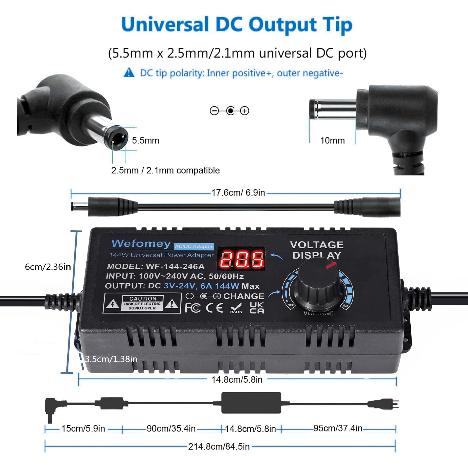 3V-24V 6A 144W Einstellbares Netzteil Universal Netzteiladapter Verstellbarer Netzadapter 100V-240V AC to DC mit LED Spannungsanzeige und 14 Tipps für Haushaltselektronik, 6000mA Max