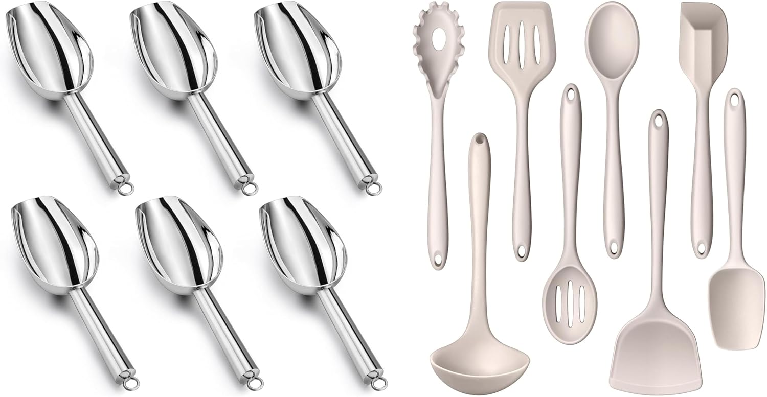 LIANYU Mini Ice Scoop Set of 6 and 8Pcs Kitchen Cooking Utensils Set, 3 Ounce Stainless Steel Scoop and Silicone Cooking Utensil Set, Heat Resistant Kitchen Tools